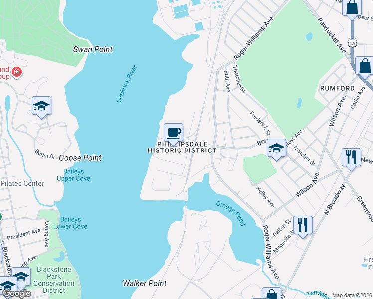 map of restaurants, bars, coffee shops, grocery stores, and more near 398 Bourne Avenue in East Providence
