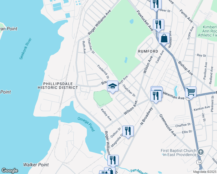 map of restaurants, bars, coffee shops, grocery stores, and more near 130 Bourne Avenue in East Providence