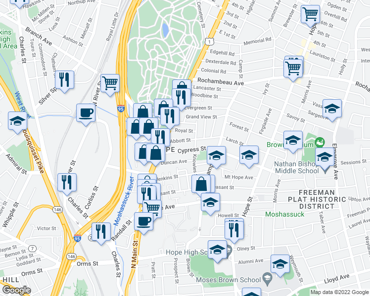 map of restaurants, bars, coffee shops, grocery stores, and more near 54 Cypress Street in Providence