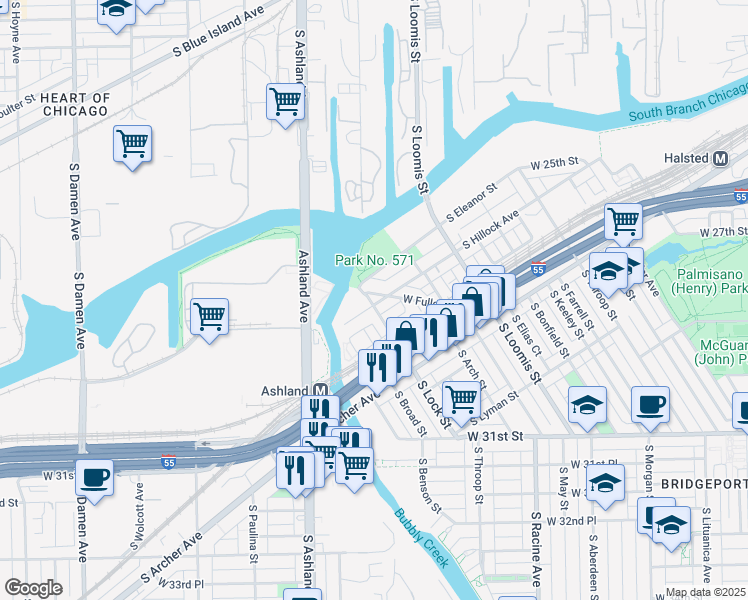 map of restaurants, bars, coffee shops, grocery stores, and more near 1449 West Fuller Street in Chicago