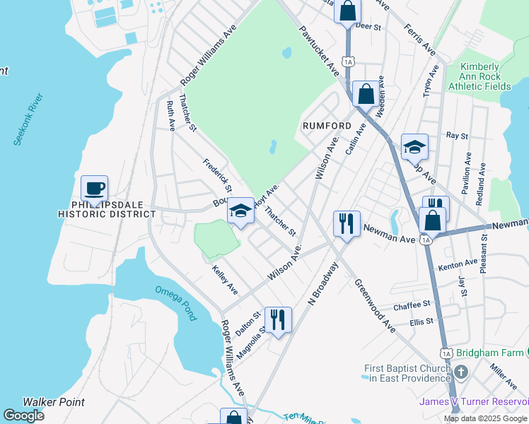 map of restaurants, bars, coffee shops, grocery stores, and more near 60 Thatcher Street in East Providence