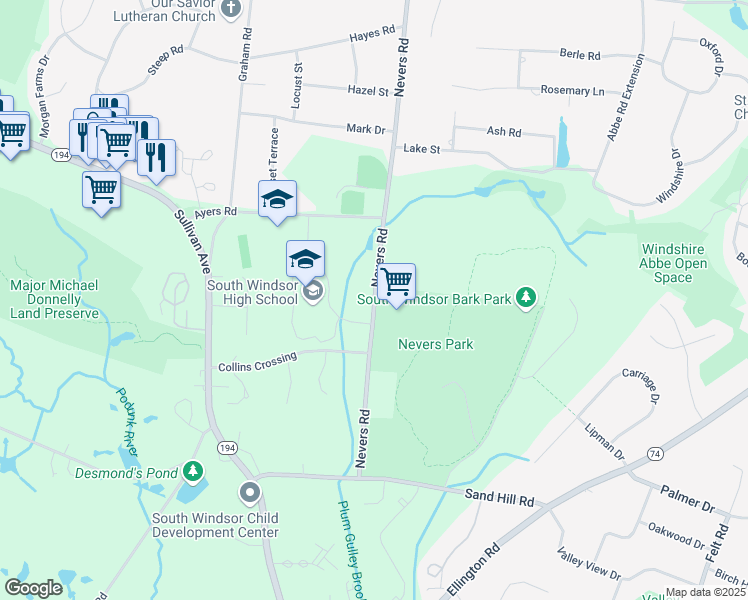map of restaurants, bars, coffee shops, grocery stores, and more near 161 Nevers Road in South Windsor