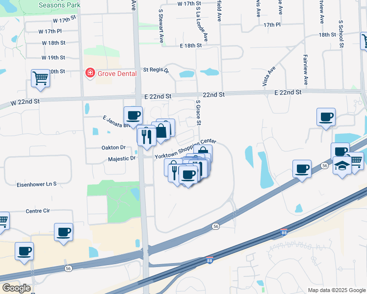 map of restaurants, bars, coffee shops, grocery stores, and more near 244 Yorktown Shopping Center in Lombard