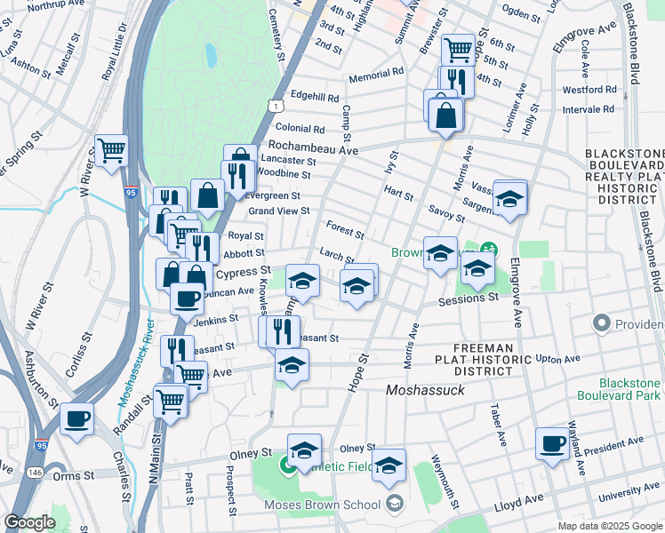 map of restaurants, bars, coffee shops, grocery stores, and more near 30 Larch Street in Providence