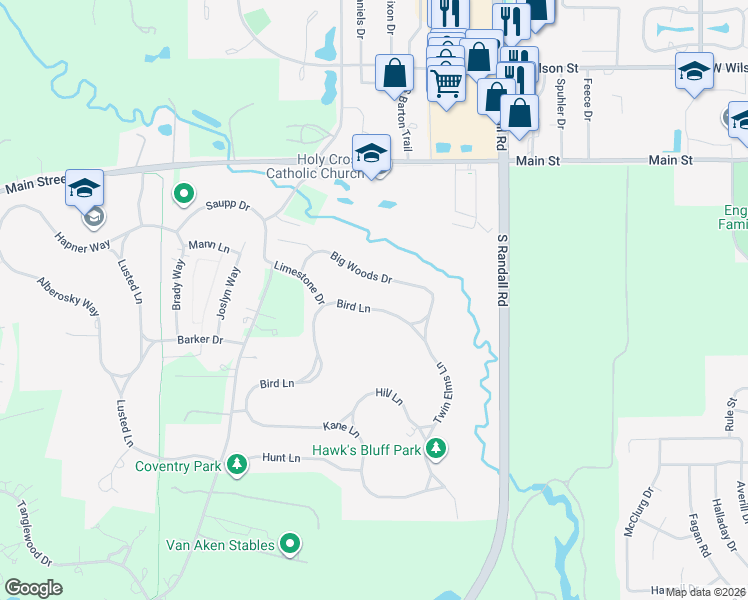 map of restaurants, bars, coffee shops, grocery stores, and more near 2309 Bird Lane in Batavia