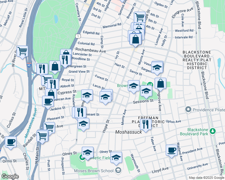 map of restaurants, bars, coffee shops, grocery stores, and more near 88 Larch Street in Providence