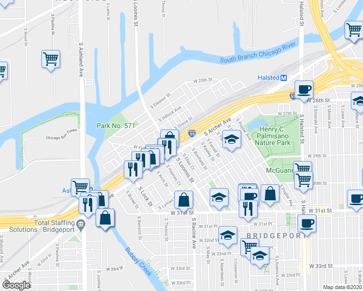 map of restaurants, bars, coffee shops, grocery stores, and more near 2876 South Archer Avenue in Chicago