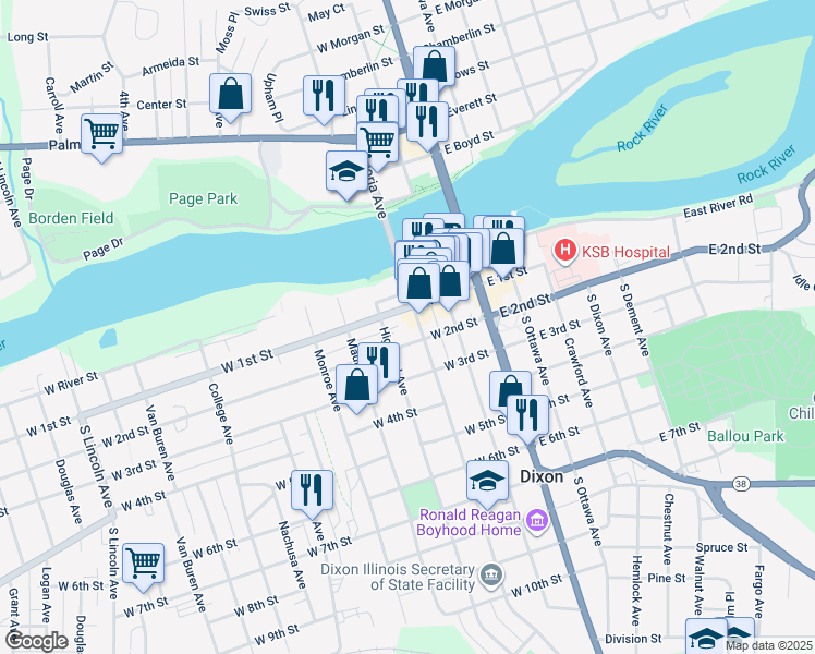 map of restaurants, bars, coffee shops, grocery stores, and more near 113 South Peoria Avenue in Dixon