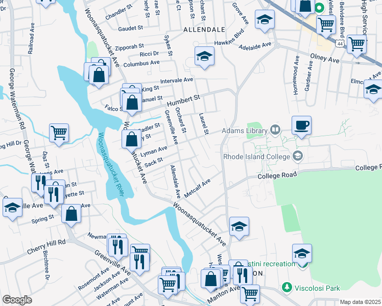 map of restaurants, bars, coffee shops, grocery stores, and more near 9 Elm Street in North Providence