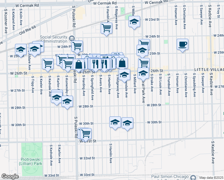 map of restaurants, bars, coffee shops, grocery stores, and more near 2658 South Hamlin Avenue in Chicago