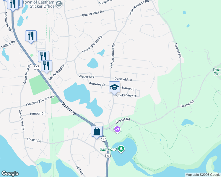 map of restaurants, bars, coffee shops, grocery stores, and more near 265 School House Road in Eastham