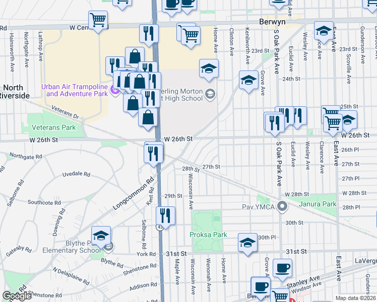 map of restaurants, bars, coffee shops, grocery stores, and more near 7108 Riverside Drive in Berwyn