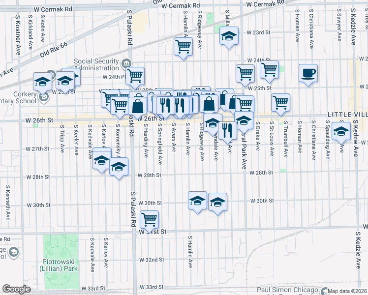 map of restaurants, bars, coffee shops, grocery stores, and more near 2658 South Hamlin Avenue in Chicago