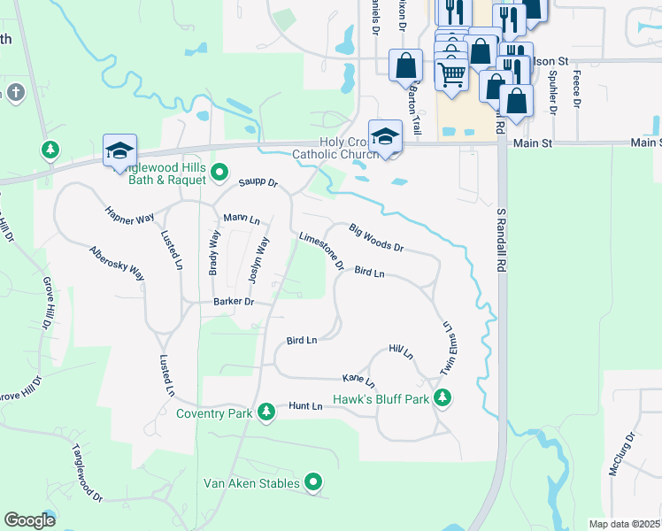 map of restaurants, bars, coffee shops, grocery stores, and more near 653 Limestone Drive in Batavia