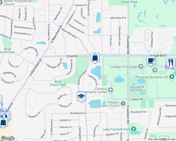 map of restaurants, bars, coffee shops, grocery stores, and more near 1699 Briarcliffe Boulevard in Wheaton