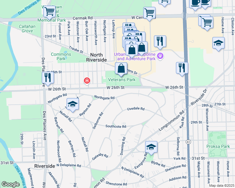 map of restaurants, bars, coffee shops, grocery stores, and more near 464 Selborne Road in Riverside