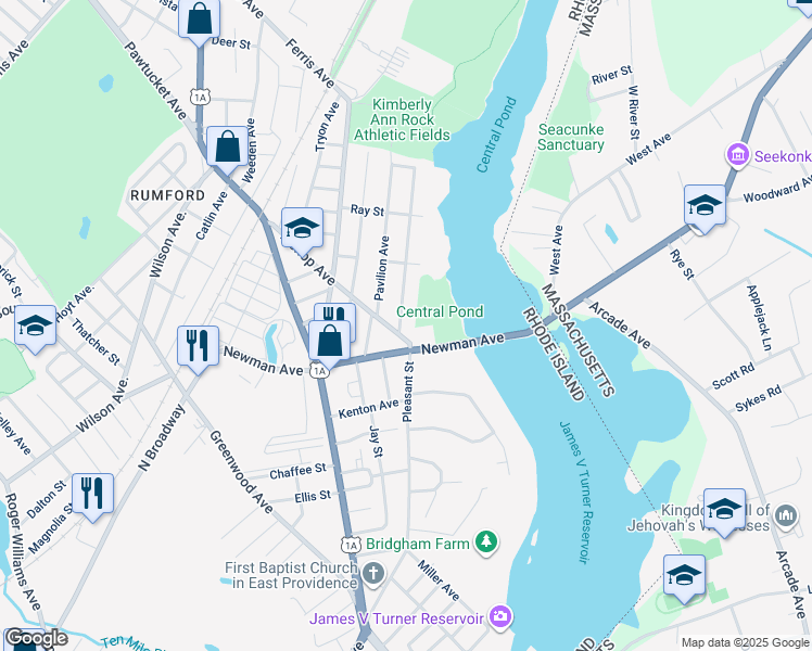 map of restaurants, bars, coffee shops, grocery stores, and more near 13 Redland Avenue in East Providence