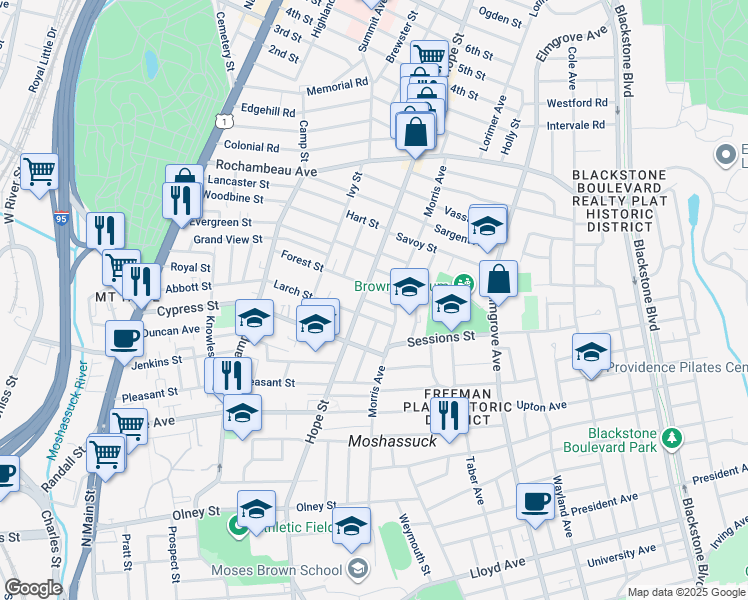 map of restaurants, bars, coffee shops, grocery stores, and more near 578 Hope Street in Providence