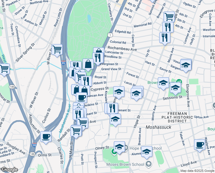 map of restaurants, bars, coffee shops, grocery stores, and more near 82 Cypress Street in Providence