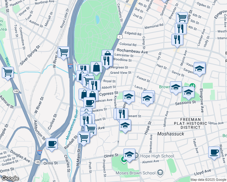 map of restaurants, bars, coffee shops, grocery stores, and more near 82 Cypress Street in Providence
