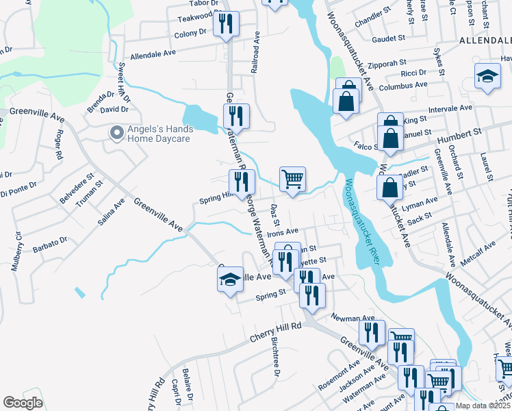 map of restaurants, bars, coffee shops, grocery stores, and more near in Johnston