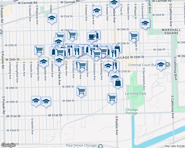 map of restaurants, bars, coffee shops, grocery stores, and more near 2701 South Homan Avenue in Chicago