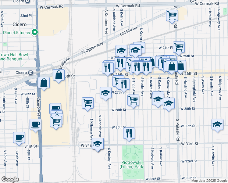 map of restaurants, bars, coffee shops, grocery stores, and more near 2656 South Kolin Avenue in Chicago