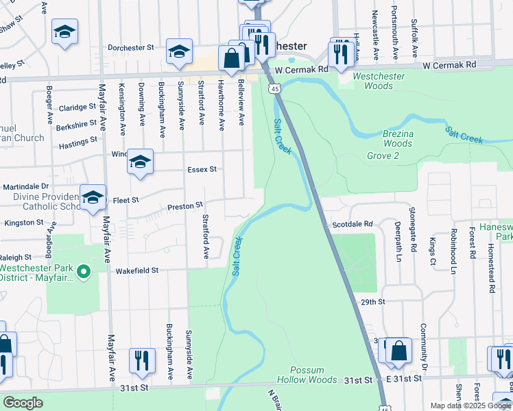 map of restaurants, bars, coffee shops, grocery stores, and more near 10405 Preston Street in Westchester