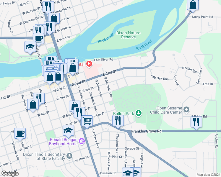 map of restaurants, bars, coffee shops, grocery stores, and more near 314 South Dement Avenue in Dixon