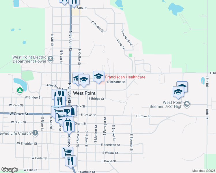 map of restaurants, bars, coffee shops, grocery stores, and more near 709 East Decatur Street in West Point