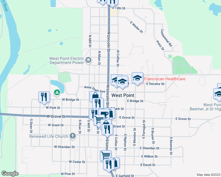 map of restaurants, bars, coffee shops, grocery stores, and more near 319 North Lincoln Street in West Point