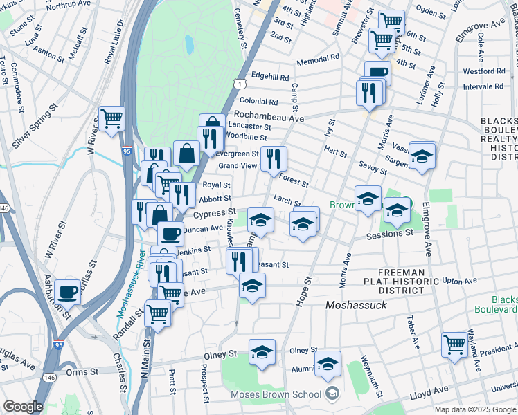 map of restaurants, bars, coffee shops, grocery stores, and more near 152 Camp Street in Providence