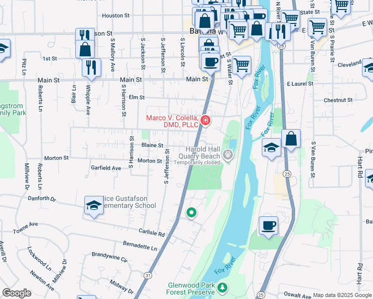 map of restaurants, bars, coffee shops, grocery stores, and more near 320 Blaine Street in Batavia
