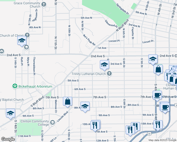 map of restaurants, bars, coffee shops, grocery stores, and more near 814 4th Avenue South in Clinton
