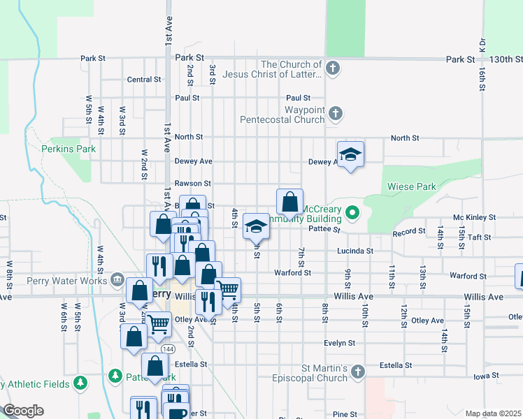 map of restaurants, bars, coffee shops, grocery stores, and more near 1424 5th Street in Perry