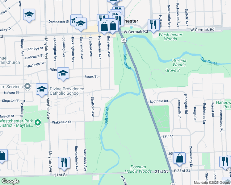 map of restaurants, bars, coffee shops, grocery stores, and more near 10405 Preston Street in Westchester