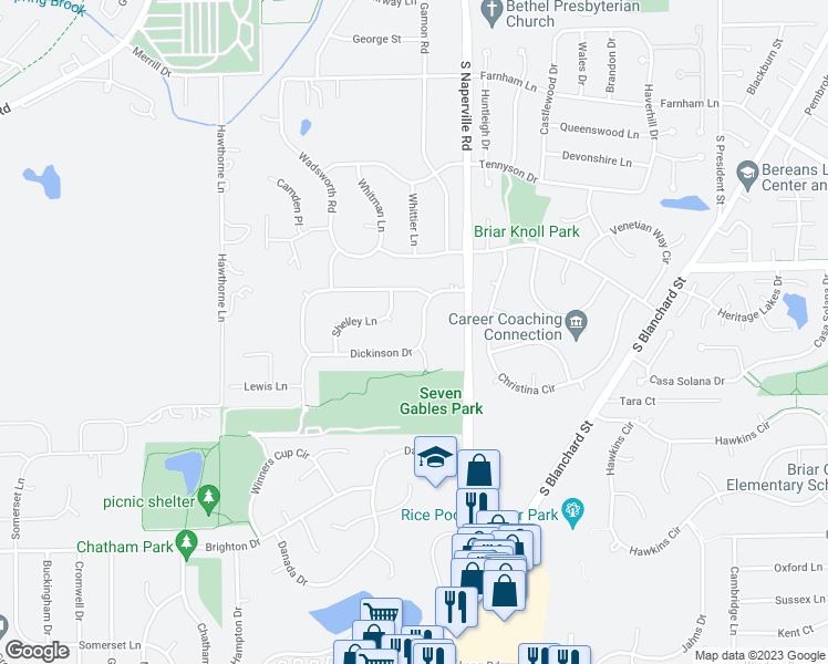 map of restaurants, bars, coffee shops, grocery stores, and more near 1702 Dickinson Drive in Wheaton