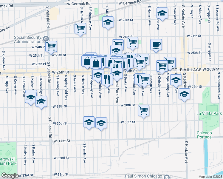 map of restaurants, bars, coffee shops, grocery stores, and more near 3617 West 27th Street in Chicago