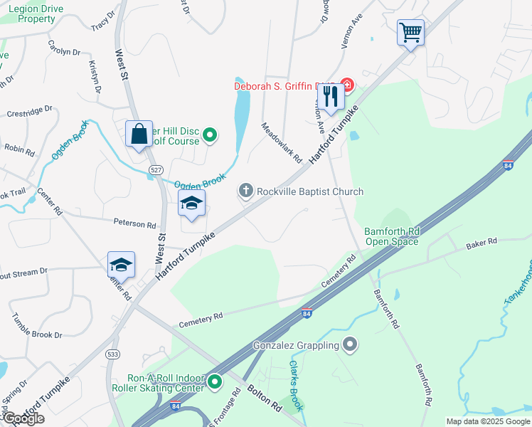 map of restaurants, bars, coffee shops, grocery stores, and more near 832 Hartford Turnpike in Vernon
