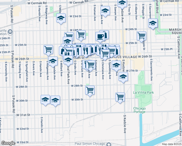 map of restaurants, bars, coffee shops, grocery stores, and more near 2701 South Trumbull Avenue in Chicago