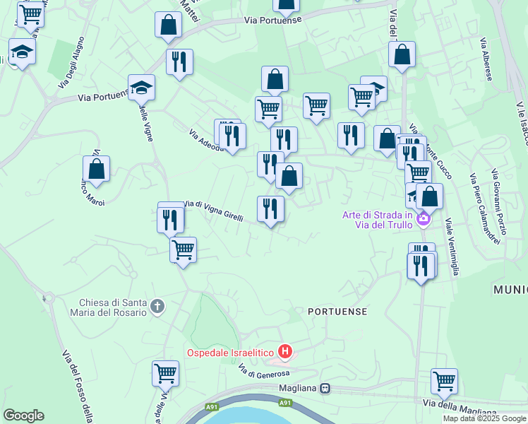 map of restaurants, bars, coffee shops, grocery stores, and more near 101 Via Castiglione della Pescaia in Roma