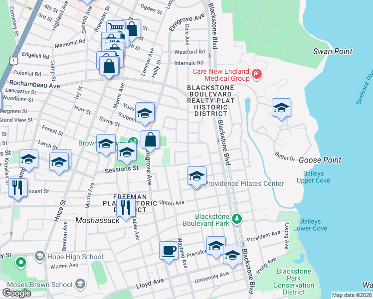 map of restaurants, bars, coffee shops, grocery stores, and more near 296 Cole Avenue in Providence