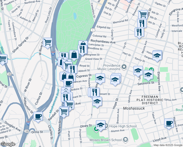 map of restaurants, bars, coffee shops, grocery stores, and more near 82 Cypress Street in Providence