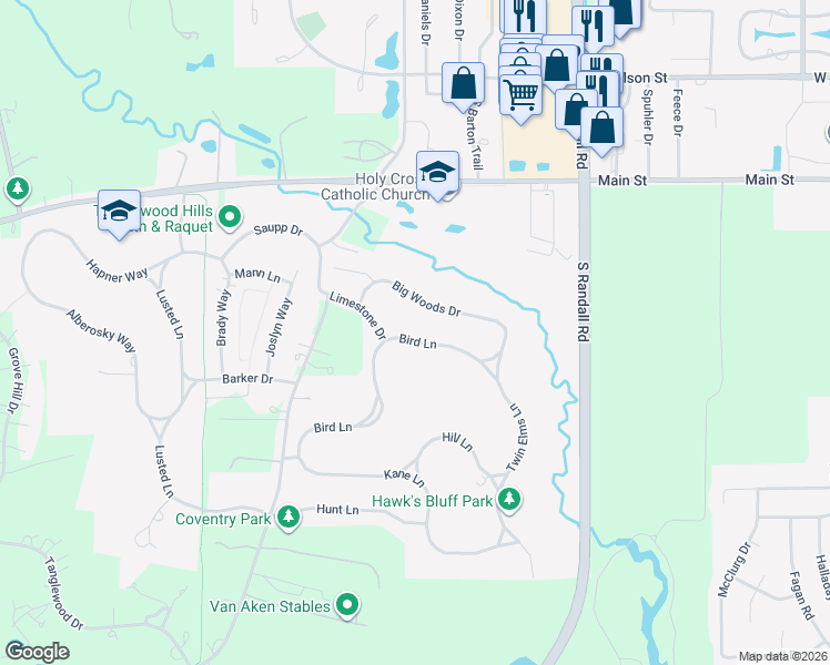 map of restaurants, bars, coffee shops, grocery stores, and more near 2351 Bird Lane in Batavia
