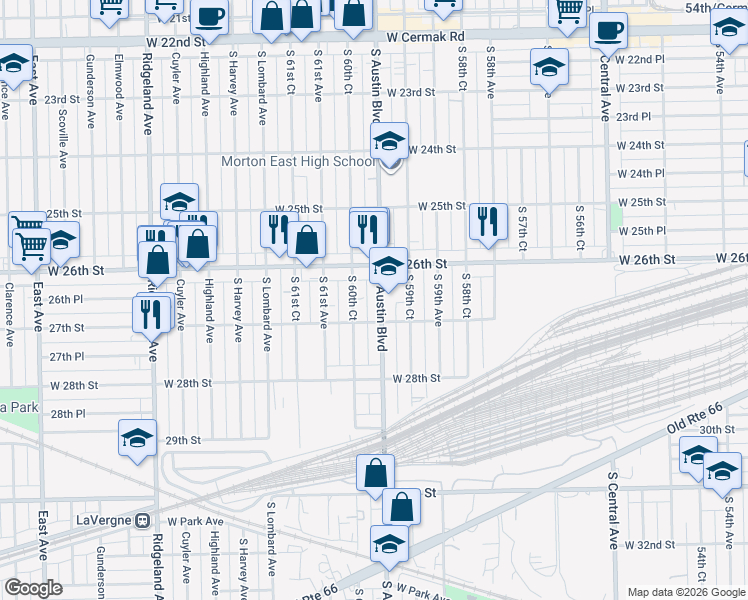 map of restaurants, bars, coffee shops, grocery stores, and more near 2628 South Austin Boulevard in Cicero