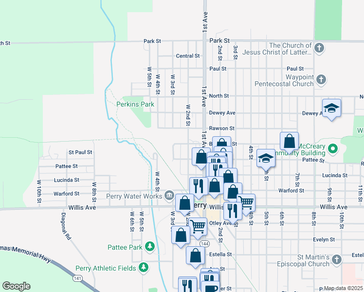 map of restaurants, bars, coffee shops, grocery stores, and more near 1423 West 2nd Street in Perry