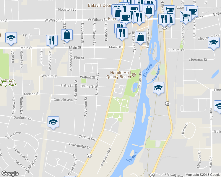 map of restaurants, bars, coffee shops, grocery stores, and more near 603 South Batavia Avenue in Batavia