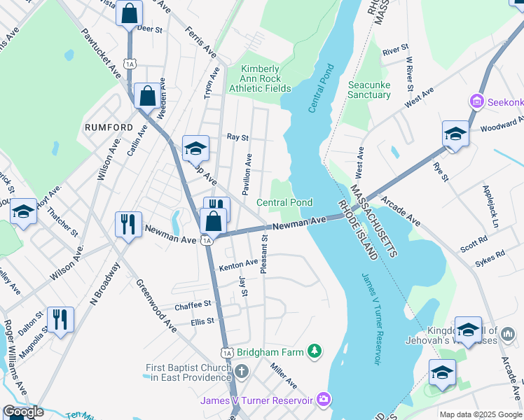 map of restaurants, bars, coffee shops, grocery stores, and more near 13 Redland Avenue in East Providence