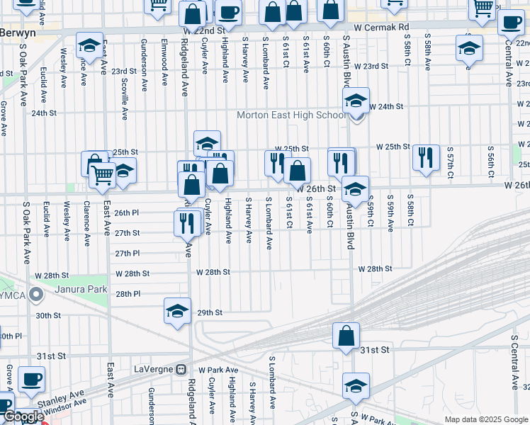 map of restaurants, bars, coffee shops, grocery stores, and more near 2626 Lombard Avenue in Berwyn