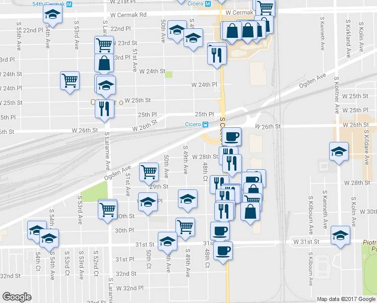 map of restaurants, bars, coffee shops, grocery stores, and more near 2639 South 49th Avenue in Cicero